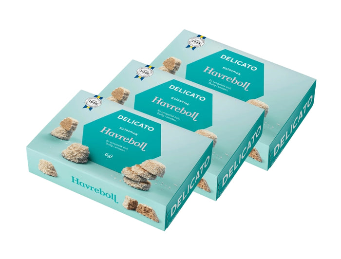 3 x Delicato Havrebollar 6-Pack 240g (8.47 oz) – Authentic Swedish Chocolate Oat Balls Rolled in Coconut