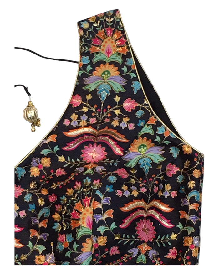 34" Bust (UK 8) Black - Silky Block Print Saree / Lehenga blouse -  Can be let out to size 12  - X1199 01KV25