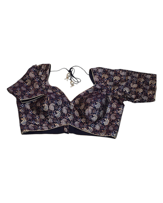 36" Bust (UK 10) Navy Blue with Maroon - Banarasi Brocade Saree / Lehenga blouse - Can be let out to size 12  - VFJ250 01KY25