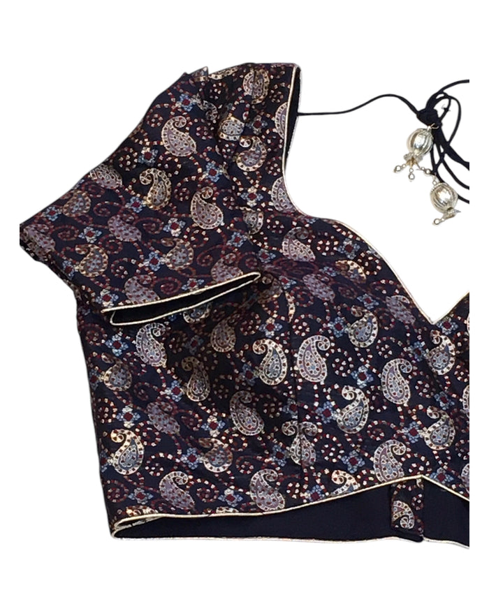 36" Bust (UK 10) Navy Blue with Maroon - Banarasi Brocade Saree / Lehenga blouse - Can be let out to size 12  - VFJ250 01KY25