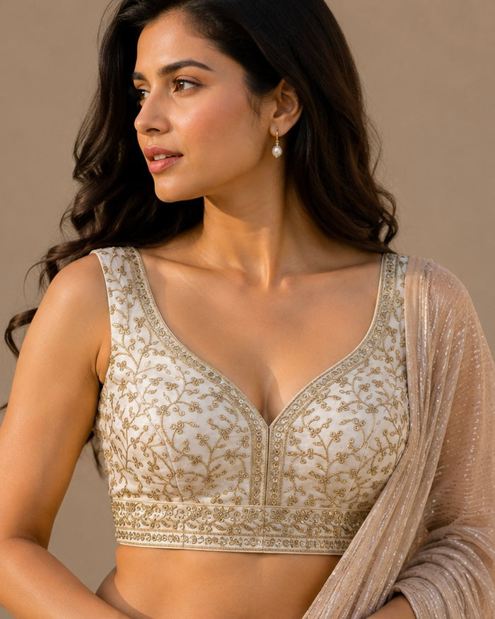 36" / UK 10 - Cream - Rich Emroidered Saree blouse with cups,  Sleeveless - UK Stock - Quick Delivery - RNK - R927 KT