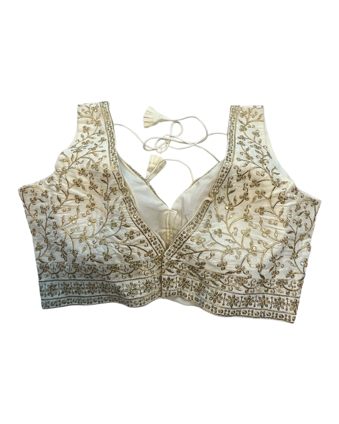 36" / UK 10 - Cream - Rich Emroidered Saree blouse with cups,  Sleeveless - UK Stock - Quick Delivery - RNK - R927 KT