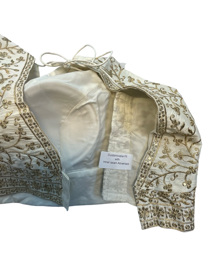 36" / UK 10 - Cream - Rich Emroidered Saree blouse with cups,  Sleeveless - UK Stock - Quick Delivery - RNK - R927 KT