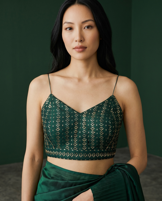 36" / UK 10 - Dark / Bottle Green - Sequins Work Strap Saree Blouse with cups - UK Stock - Quick Delivery - RNK - R780 -KK