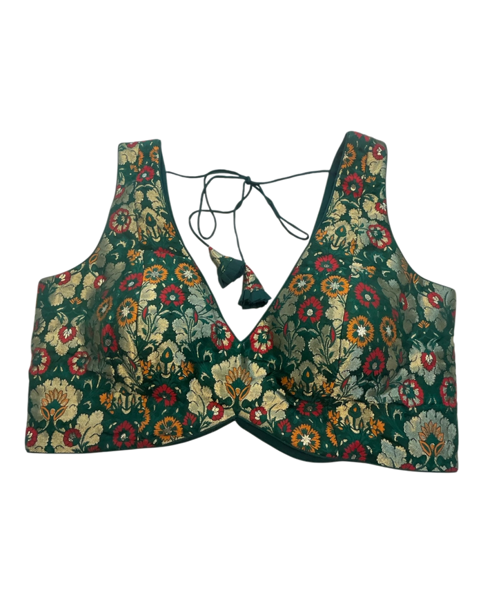 36" / UK 10 - Green - Rich Banarasi Designer Saree blouse with cups,  Sleeveless - UK Stock - Quick Delivery - RNK - R1007-KK