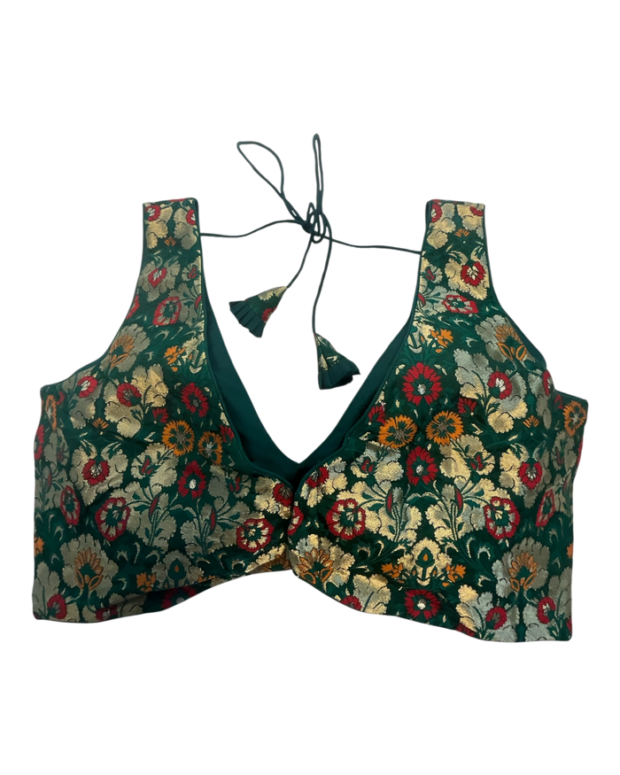 36" / UK 10 - Green - Rich Banarasi Designer Saree blouse with cups,  Sleeveless - UK Stock - Quick Delivery - RNK - R1007-KK