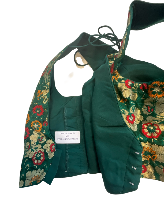 36" / UK 10 - Green - Rich Banarasi Designer Saree blouse with cups,  Sleeveless - UK Stock - Quick Delivery - RNK - R1007-KK
