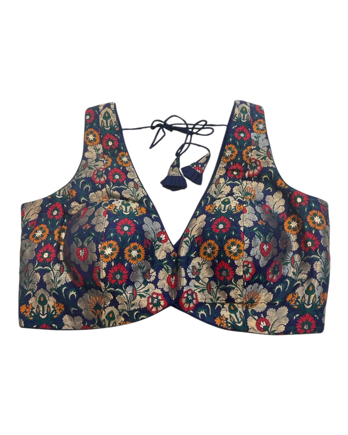 36" / UK 10 - Navy Blue - Rich Banarasi Designer Saree blouse with cups,  Sleeveless - UK Stock - Quick Delivery - RNK - R1007-KK