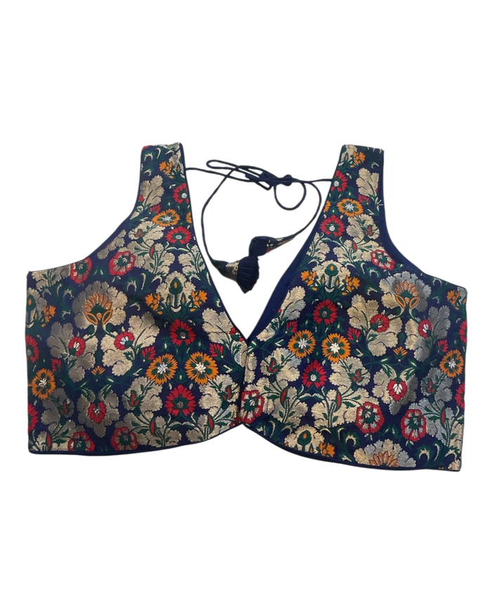 36" / UK 10 - Navy Blue - Rich Banarasi Designer Saree blouse with cups,  Sleeveless - UK Stock - Quick Delivery - RNK - R1007-KK
