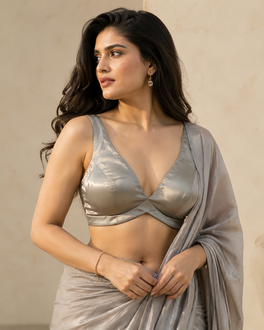 36" / UK 10 - Silver / Grey - Rich Designer Silky Saree blouse with cups,  Sleeveless - UK Stock - Quick Delivery - RNK - R900B- KK