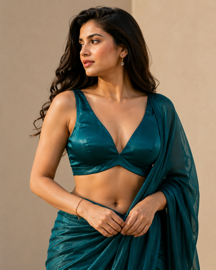 36" / UK 10 - Teal - Rich Designer Silky Saree blouse with cups,  Sleeveless - UK Stock - Quick Delivery - RNK - R900B- KK