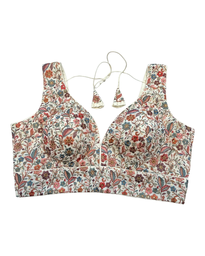 38" / UK 12 - Cream - Rich Emroidered Saree blouse with cups,  Sleeveless - UK Stock - Quick Delivery - RNK - R988 KC