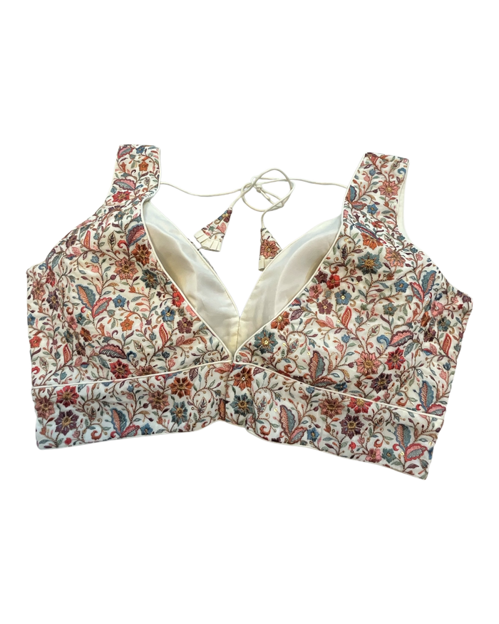 38" / UK 12 - Cream - Rich Emroidered Saree blouse with cups,  Sleeveless - UK Stock - Quick Delivery - RNK - R988 KC