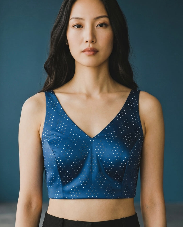 38" / UK 12 - Petrol Blue - Rich Brocade Saree blouse with cups,  Sleeveless - UK Stock - Quick Delivery - RNK - R650V KY