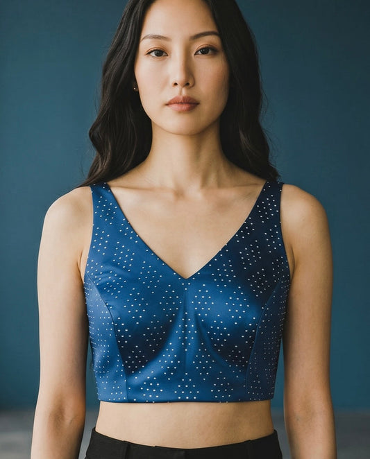 38" / UK 12 - Petrol Blue - Rich Brocade Saree blouse with cups,  Sleeveless - UK Stock - Quick Delivery - RNK - R650V KY
