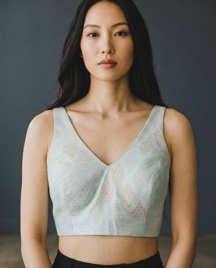 38" / UK 12 - Sea Green - Rich Brocade Saree blouse with cups,  Sleeveless - UK Stock - Quick Delivery - RNK - R650V KY