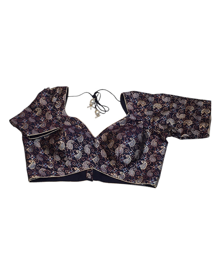 40" Bust(UK14) Navy Blue with Maroon - Banarasi Brocade Saree / Lehenga blouse - Can be let out to size 16  - VFJ250 01KY25