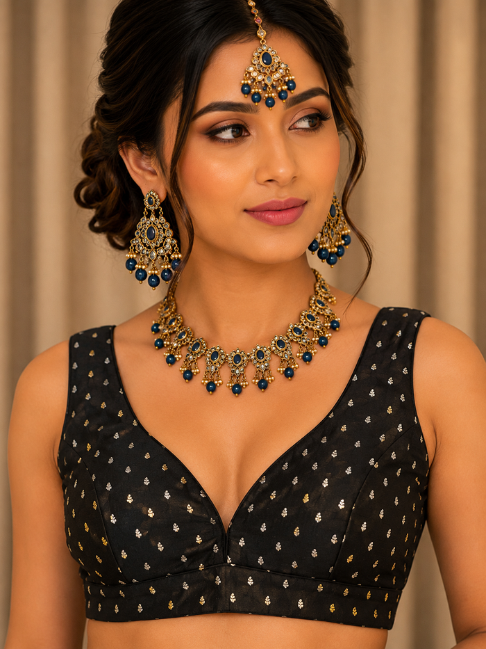 40" / UK 14 - Black - Silky Designer Saree blouse with cups,  Sleeveless - UK Stock - Quick Delivery - RNK - R717 KV