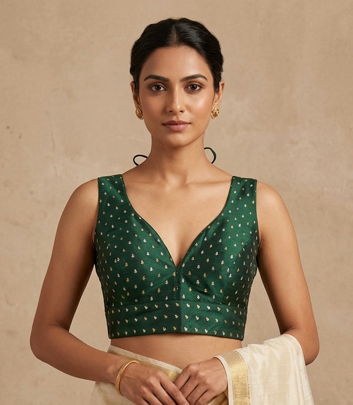 40" / UK 14 - Bottle Green - Silky Designer Saree blouse with cups,  Sleeveless - UK Stock - Quick Delivery - RNK - R717 KV