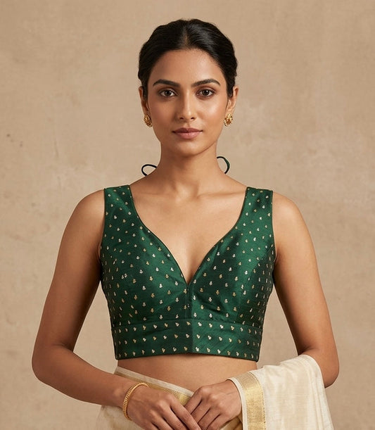 40" / UK 14 - Bottle Green - Silky Designer Saree blouse with cups,  Sleeveless - UK Stock - Quick Delivery - RNK - R717 KV