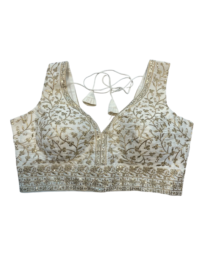 40" / UK 14 - Cream - Rich Emroidered Saree blouse with cups,  Sleeveless - UK Stock - Quick Delivery - RNK - R927 KT