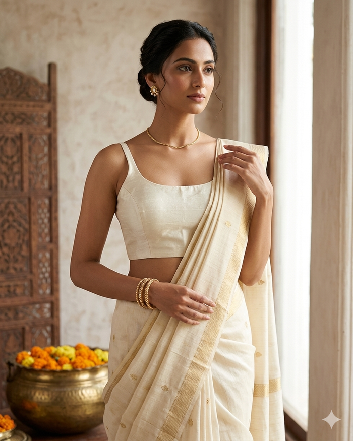 40" / UK 14 - Cream - Silky Designer Saree blouse with cups,  Sleeveless - UK Stock - Quick Delivery - RNK - R651-H