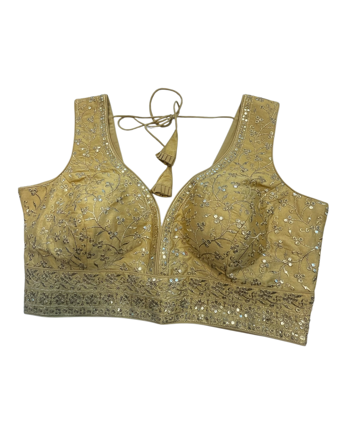 40" / UK 14 - Gold - Rich Emroidered Saree blouse with cups,  Sleeveless - UK Stock - Quick Delivery - RNK - R927 KT