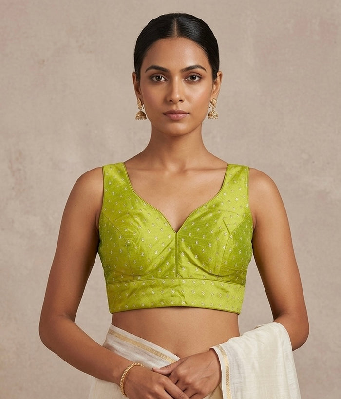 40" / UK 14 - Lime Green - Silky Designer Saree blouse with cups,  Sleeveless - UK Stock - Quick Delivery - RNK - R717 KV