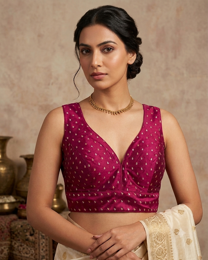 40" / UK 14 - Magenta / Rani - Silky Designer Saree blouse with cups,  Sleeveless - UK Stock - Quick Delivery - RNK - R717 KV