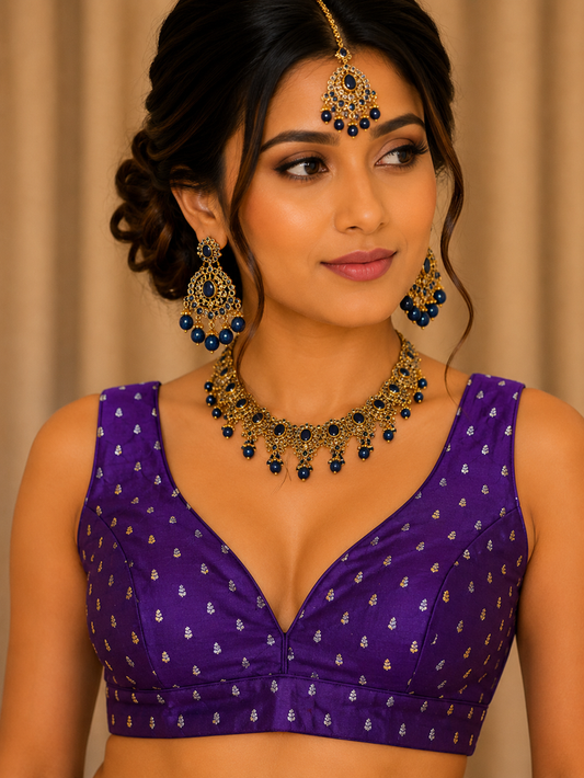 40" / UK 14 - Purple - Silky Designer Saree blouse with cups,  Sleeveless - UK Stock - Quick Delivery - RNK - R717 KV