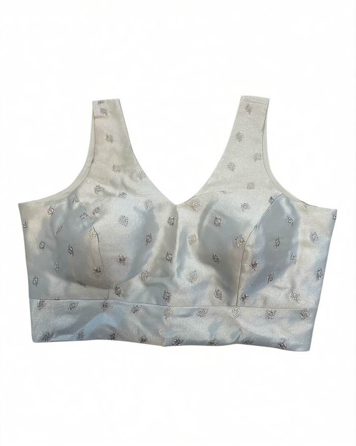 40" / UK 14 - Silver - Self Butti Saree blouse with cups,  Sleeveless - 36" - UK Stock - Quick Delivery - RNK - R948-KK