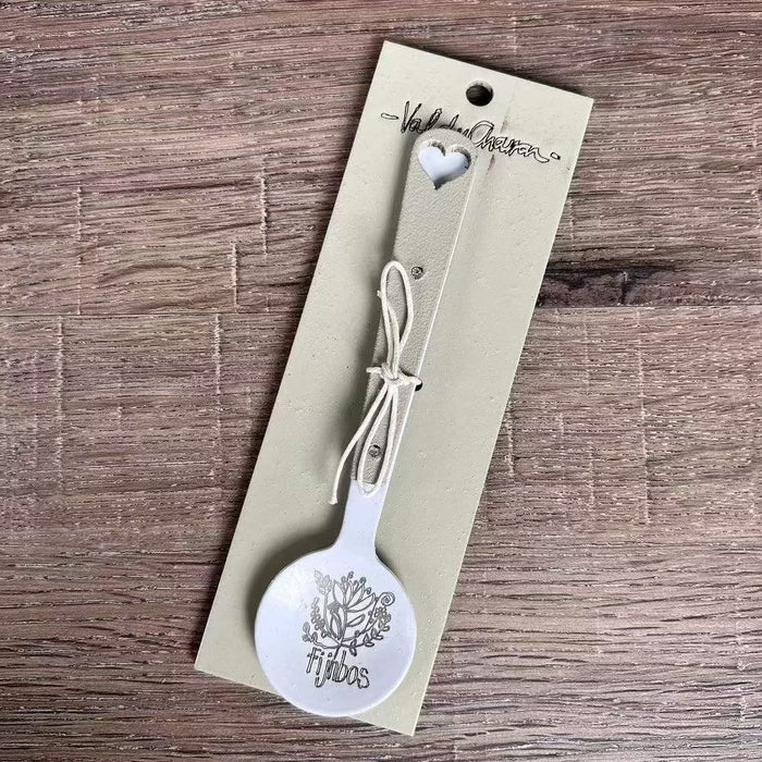Enamel sugar spoon with wooden handle and Fijnbos laser engraving