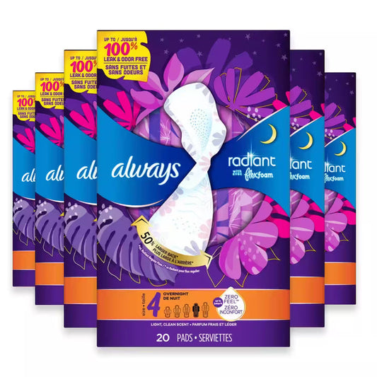Always Radiant FlexFoam Overnight Pads with Wings, Scented, Size 4  20 Ct – 6 Pack