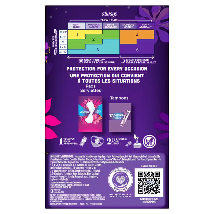 Always Radiant FlexFoam Overnight Pads with Wings, Scented, Size 4  20 Ct – 6 Pack