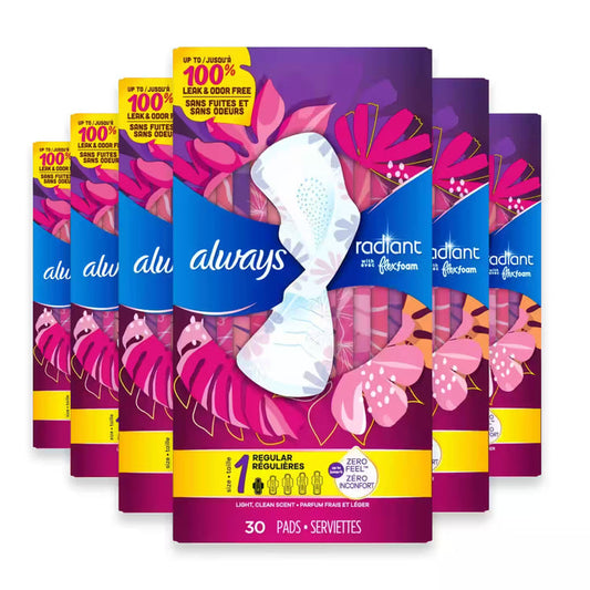 Always Radiant FlexFoam Pads with Wings, Scented, Size 1  30 Ct – 6 Pack