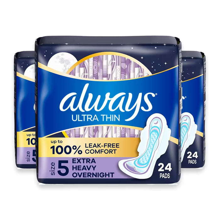 Always Ultra Thin Overnight Pads with Wings, Size 5  – 24 Ct – 3 Pack
