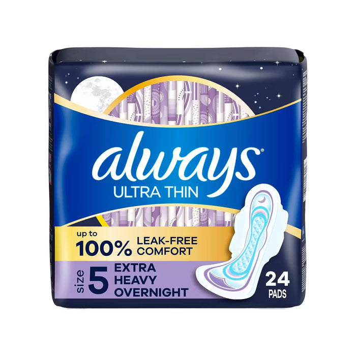 Always Ultra Thin Overnight Pads with Wings, Size 5  – 24 Ct – 3 Pack