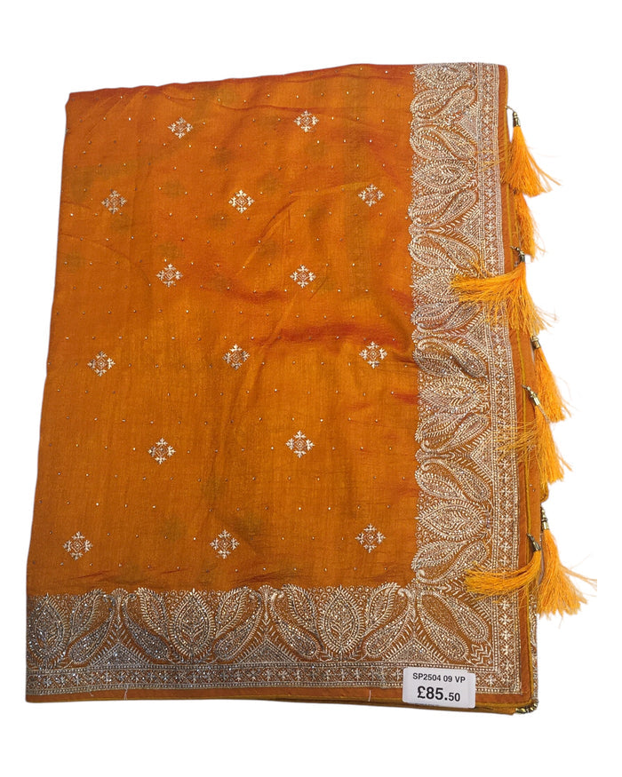 Amber / Burnt Orange - Silky - Party Wear Embroidered Saree with Blouse Piece - SP250409 VP