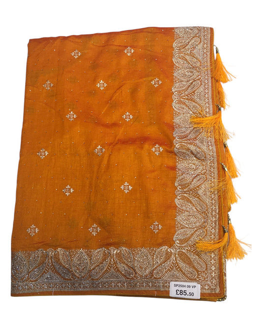 Amber / Burnt Orange - Silky - Party Wear Embroidered Saree with Blouse Piece - SP250409 VP