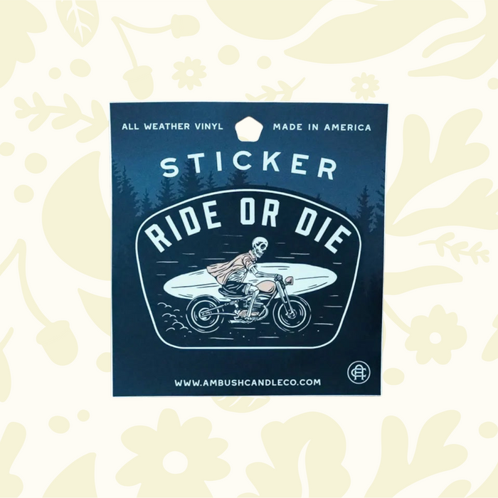 Forager Provisions LTD Ride or Die weatherproof vinyl sticker featuring a skeleton riding a motorcycle with a surfboard.