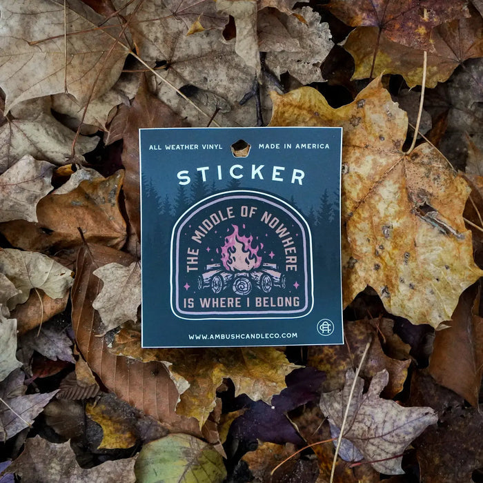 Forager Provisions LTD camping sticker with a campfire and car graphic on a background of fallen autumn leaves.