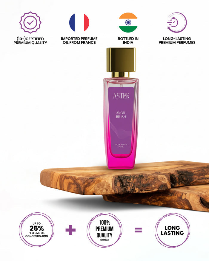 Angel Blush EDP for Woman 50ml bottle with pink gradient and gold accents.