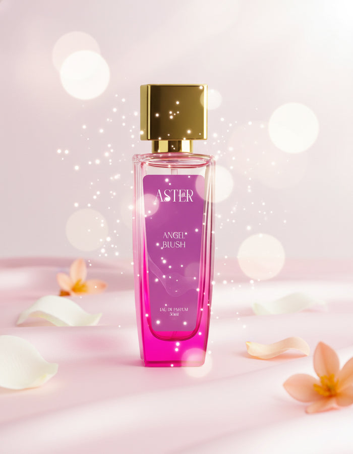 Pink perfume bottle with gold cap on a pink background with flowers