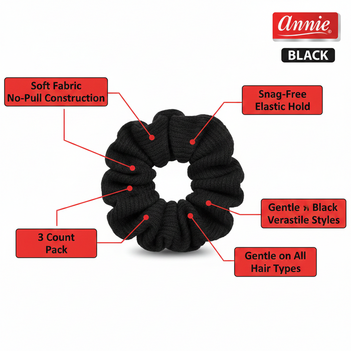 Annie Elastic Fabric Hair Scrunchies, 3 Count, Black