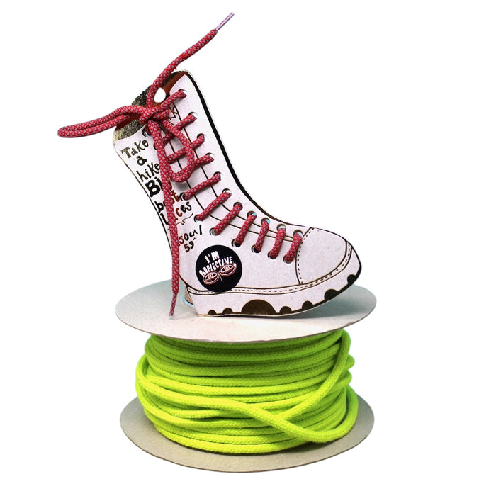 Forager Provisions LTD Ark Colour Design red and silver reflective boot laces displayed on a cardboard boot cutout