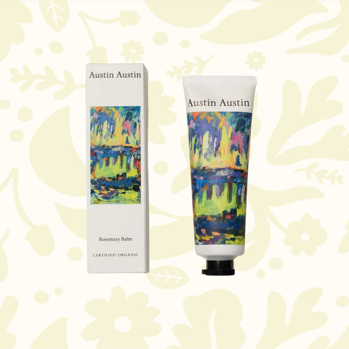Austin Austin Rosemary Balm 50ml in eco-friendly tube and box with abstract art, natural skincare product for hydrated skin.