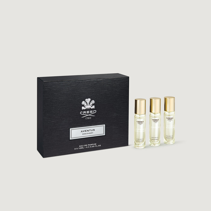 Creed Aventus Discovery Set - black coffret box with three 10ml EDP bottles, front angle | Creed Boutique