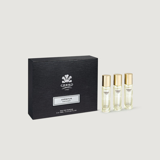 Creed Aventus Discovery Set - black coffret box with three 10ml EDP bottles, front angle | Creed Boutique