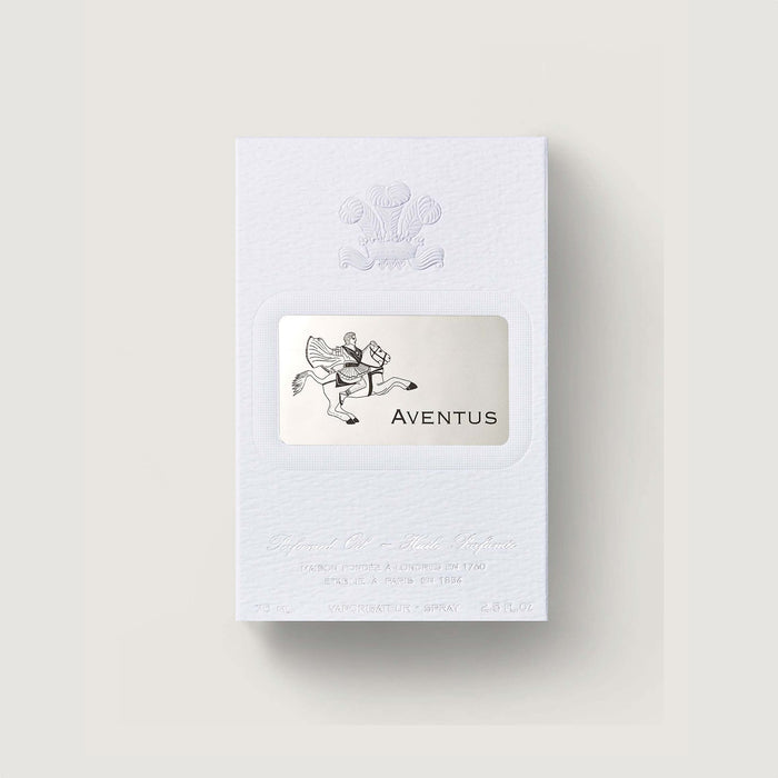 Creed Aventus Perfumed Body Oil box - Front View, white textured packaging, 75ml | Creed Boutique