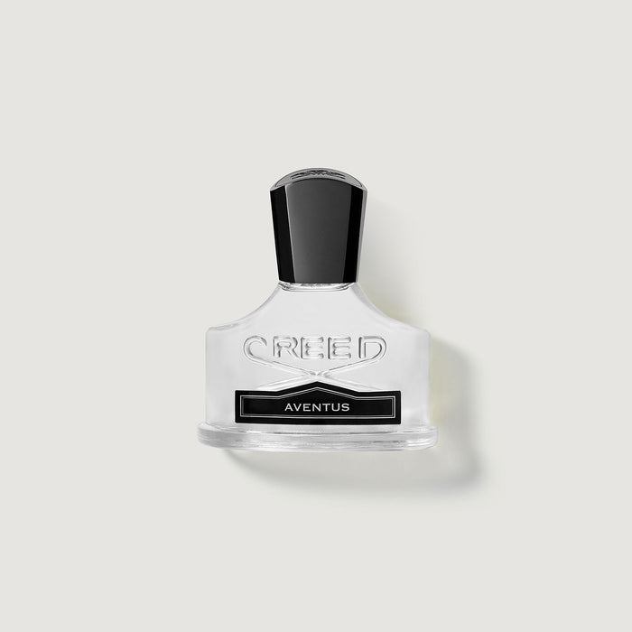 Creed Aventus 30ml compact glass bottle with black cap and embossed label - Front View | Creed Boutique